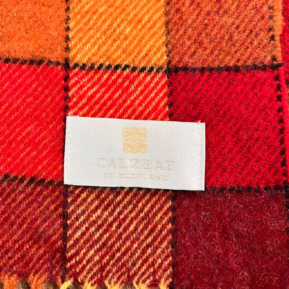 Calzeat of Scotland Border Lambswool Scarf Red Yellow Color Block Plaid - Picture 3 of 8